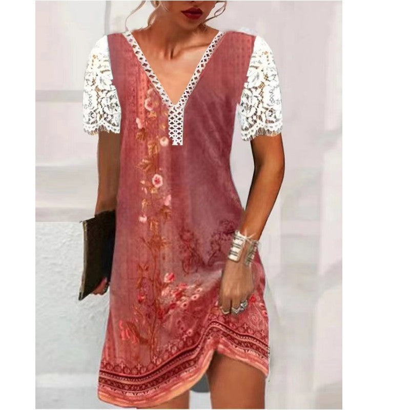 V-neck Stitching Lace Ruffled Short Sleeves Loose Print Dress