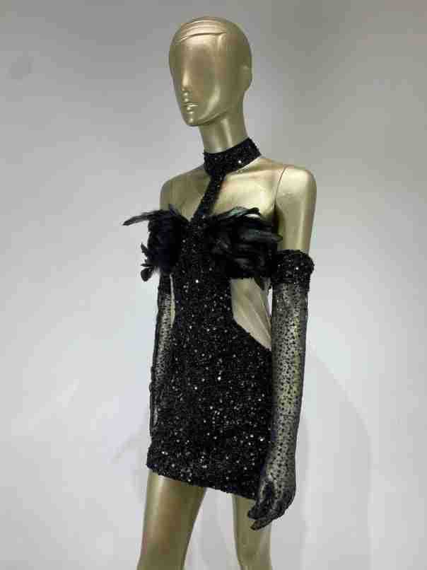 Dress Halter Feather Sequins Short Hip Skirt With Gloves Dress