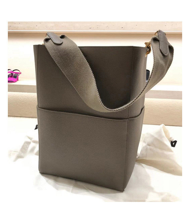 Women's Fashion All-match Wide Shoulder Strap Cowhide Bucket Bag