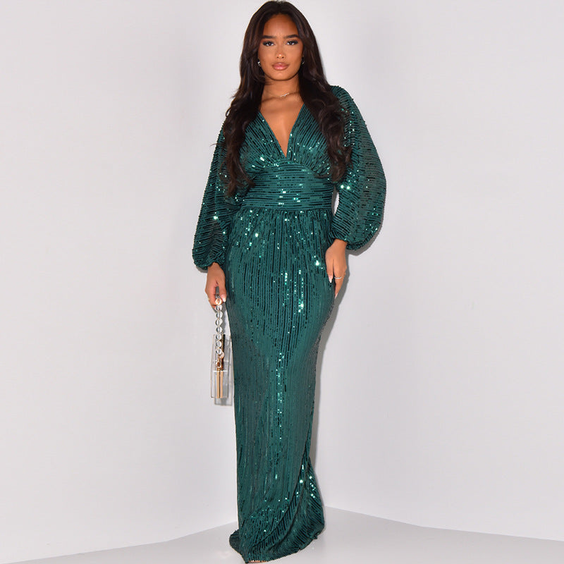 Exposed Sleeve Sexy Sequined Long Dress