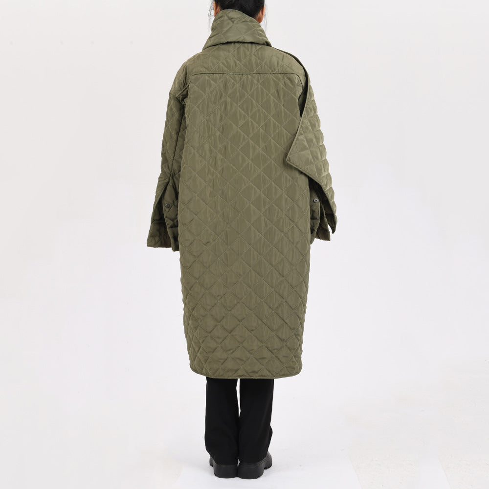 Trendy Scarf Collar Design Rhombic Quilted Loose Long Cotton Jacket Coat