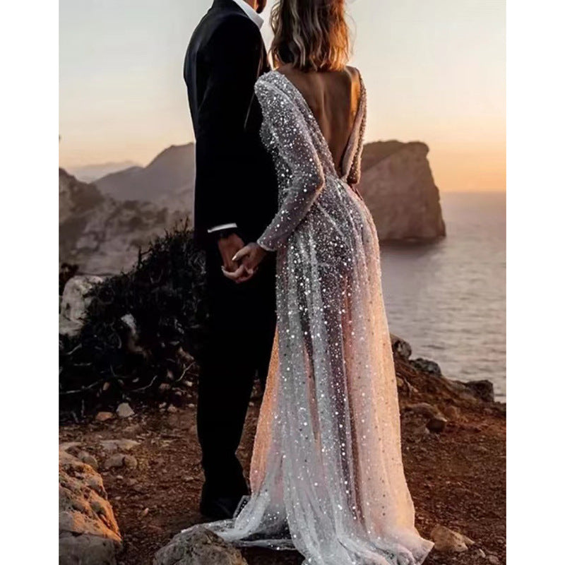 Sequined Lace Backless Outdoor Women Dress