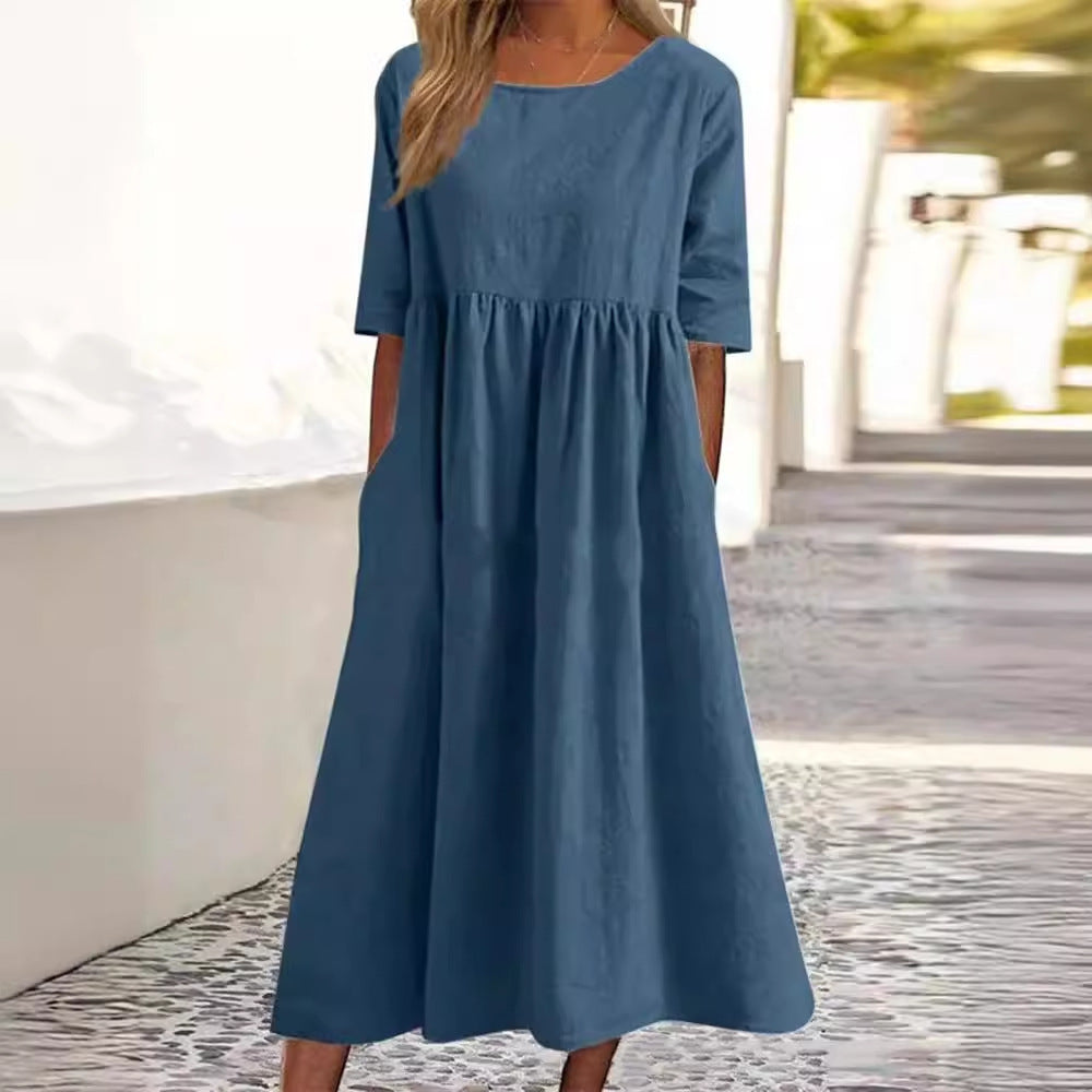 Spring And Summer New Round Neck 5-point Sleeve Plus Size Casual Loose Long Solid Color Cotton And Linen Dress