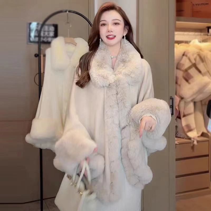 Rex Rabbit Fur Collar Shawl Cape Knitted