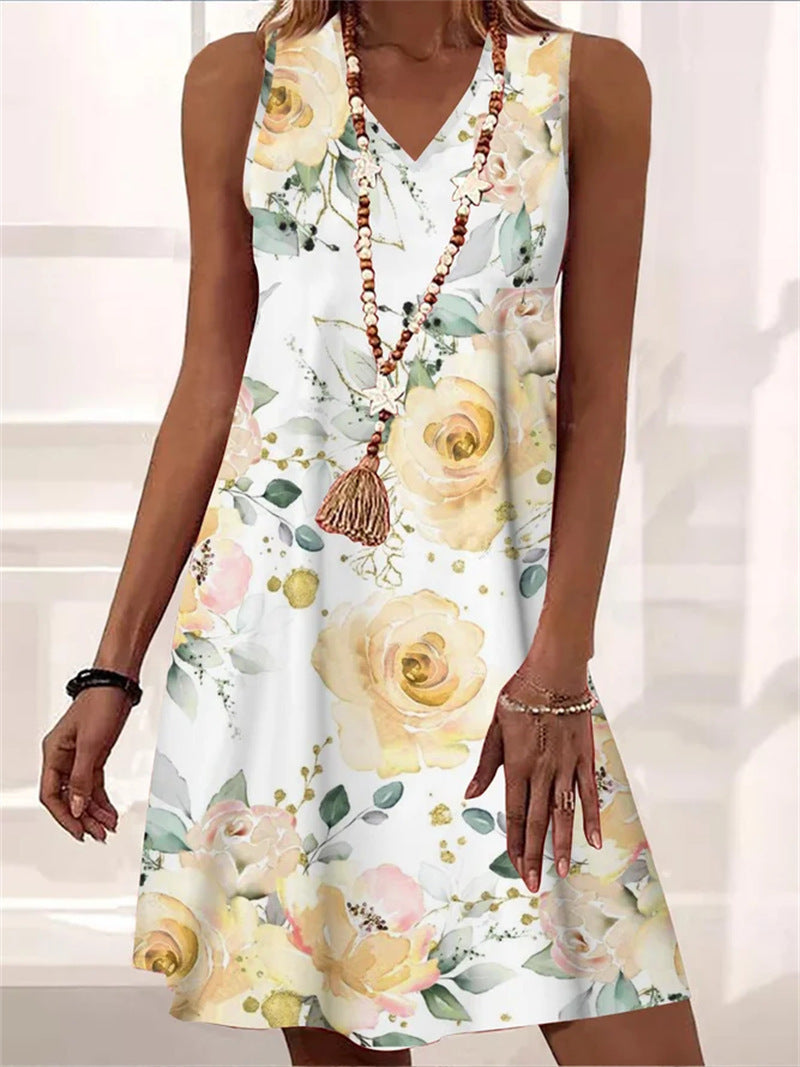 Loose V-neck Pullover Sleeveless Printed Mid-length Dress