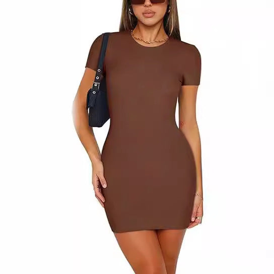 Vestido corto ajustado con cuello redondo sexy para mujer