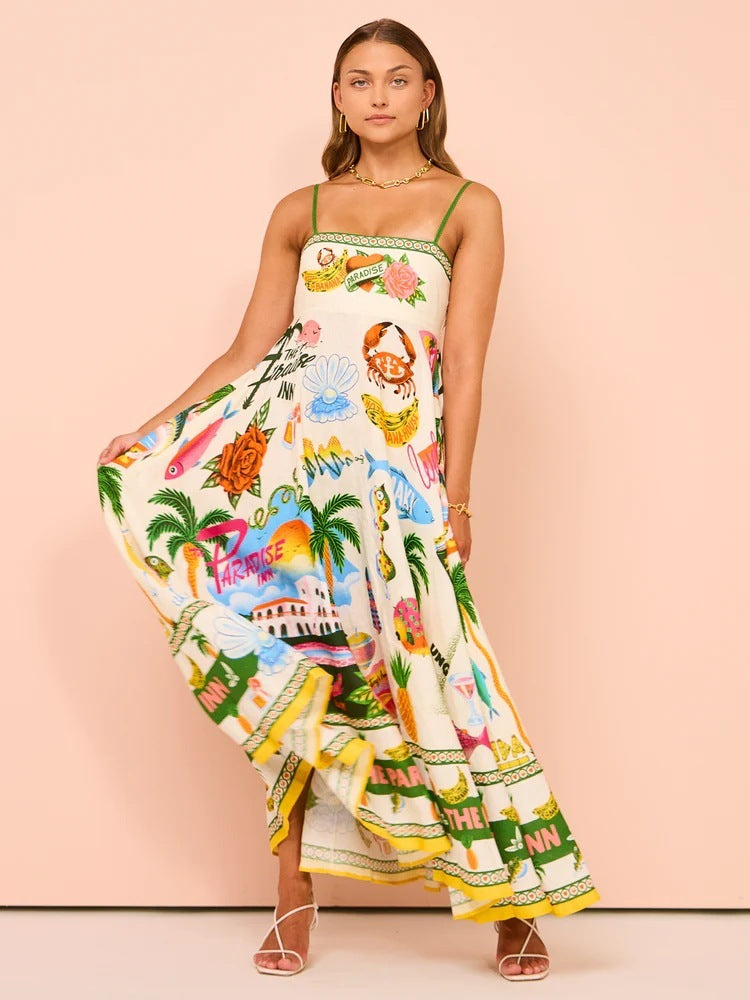 Sexy Sling Graffiti Polyester Printing Large Swing Dress