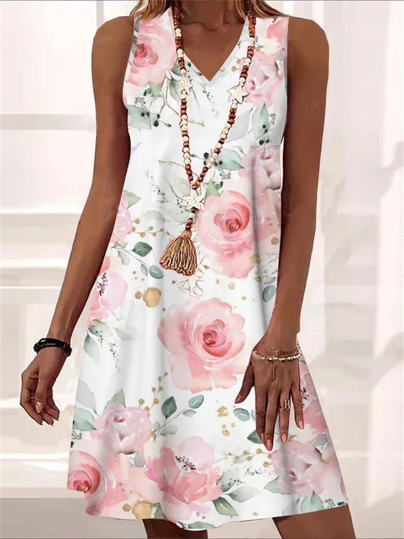 Loose V-neck Pullover Sleeveless Printed Mid-length Dress