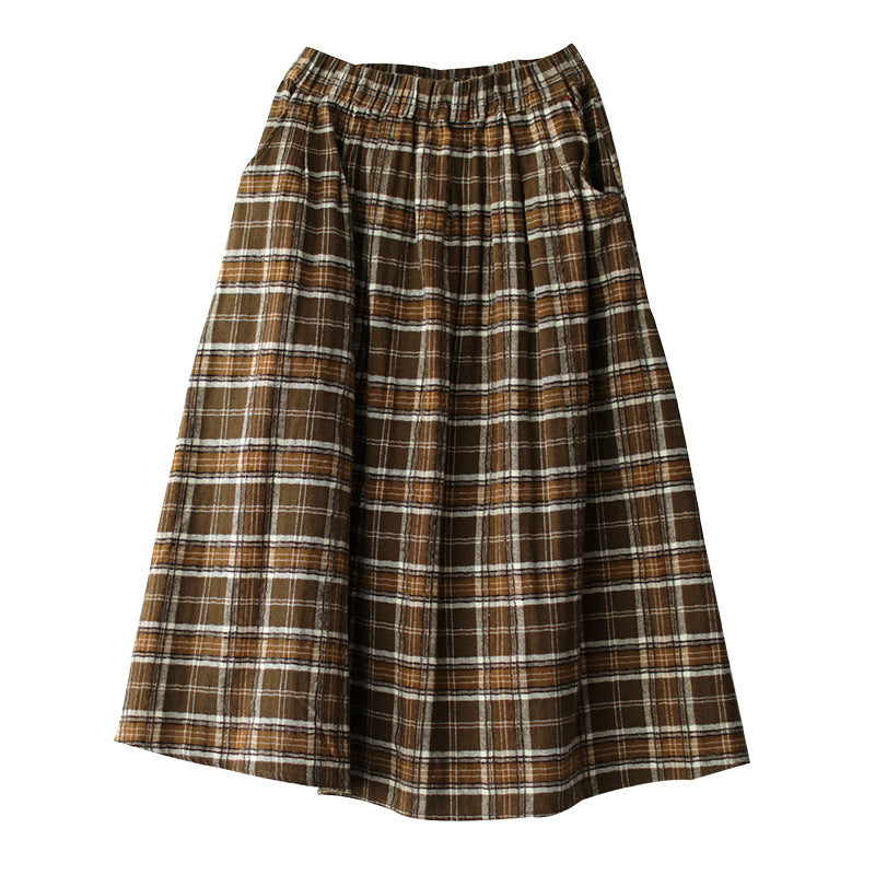 Ancient Coffee Clothing Artistic Brushed Plaid Skirt Retro Loose A- Line