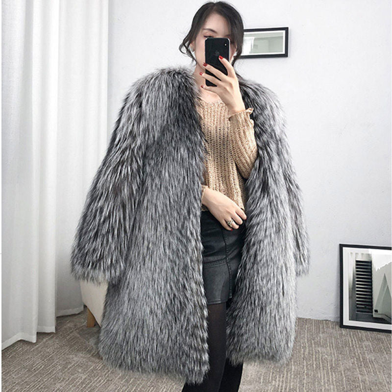 Mid-length Fox Fur Faux Fur Coat Women's Warm Leisure Overcoat