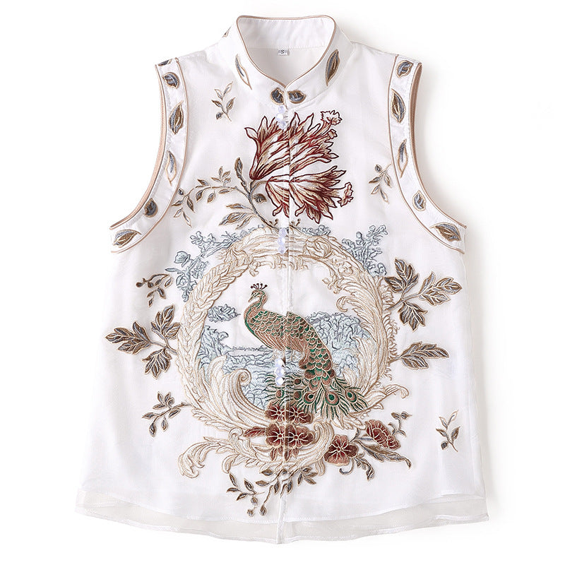 Ruyi Yarn Flower And Bird Embroidered Sleeveless Tang Suit