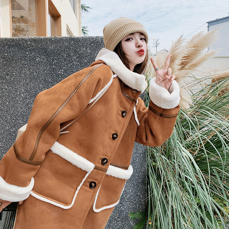 Women's Brown This Year's Popular Lamb Wool Coat