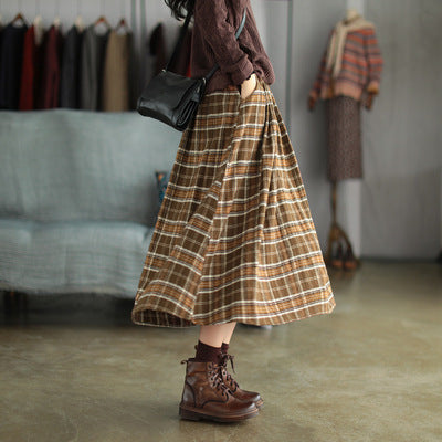 Ancient Coffee Clothing Artistic Brushed Plaid Skirt Retro Loose A- Line