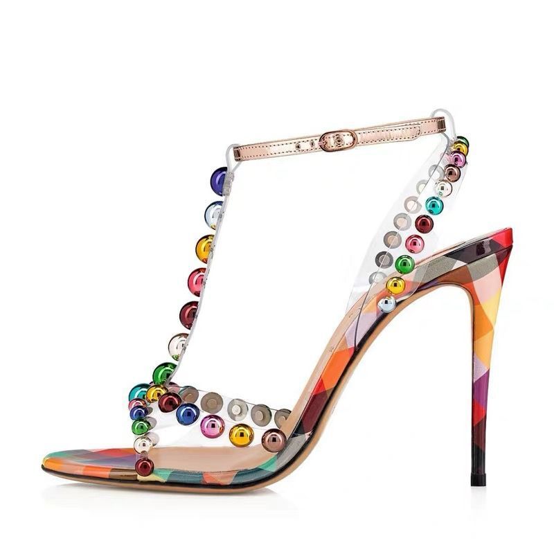 Transparent PVC Colorful Round Beads T-strap Thin High-heeled Sandals