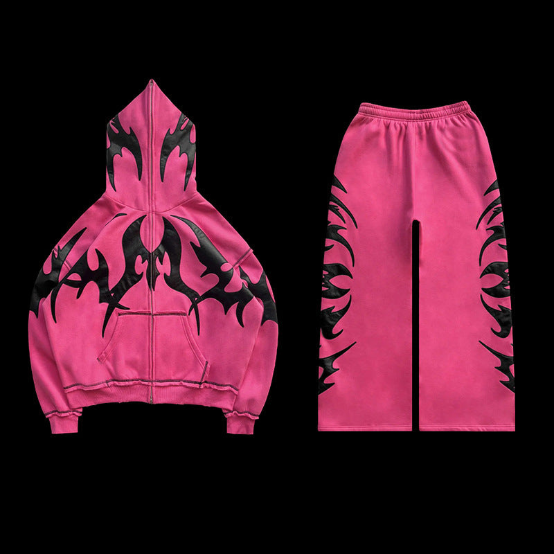 Thorn Pattern Foam Printed Vintage Zippered Hoodie Set