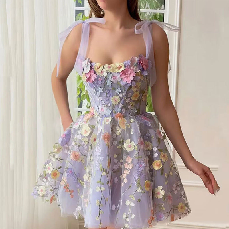 Three-dimensional Flower Embroidered Sheath Sexy Sling Dress