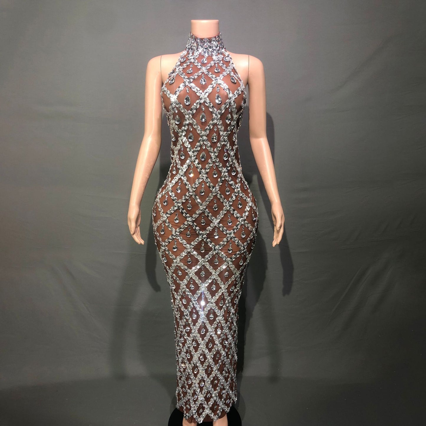 Vestido de fiesta de noche con diamantes de imitación brillantes para mujer de talla grande