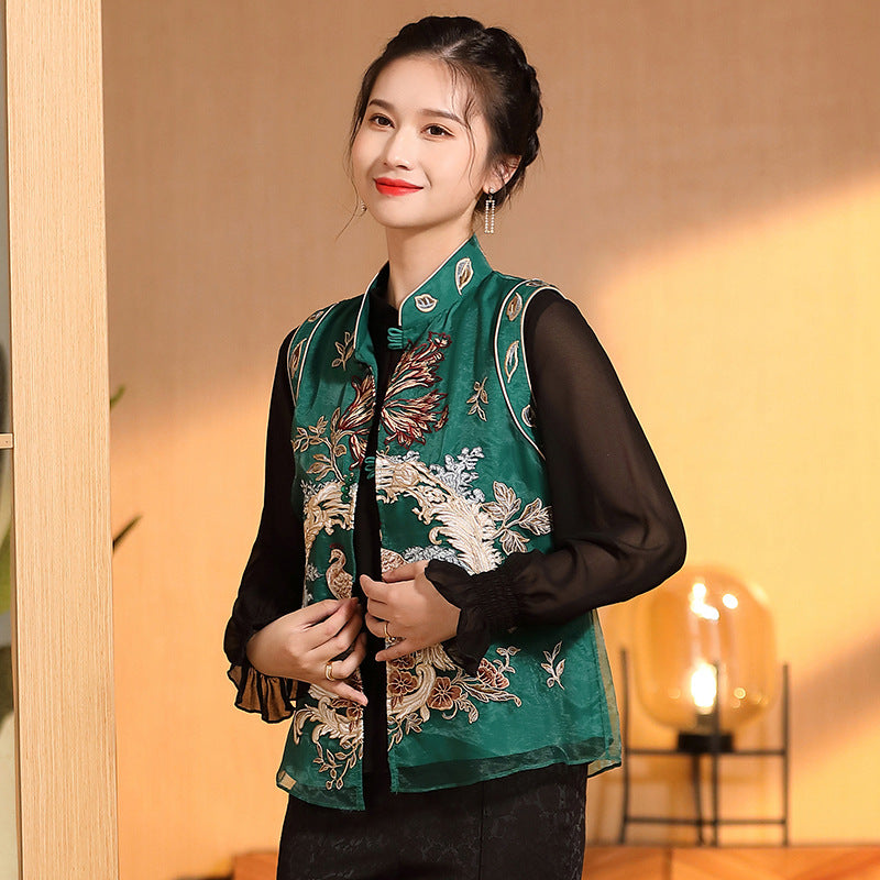 Ruyi Yarn Flower And Bird Embroidered Sleeveless Tang Suit