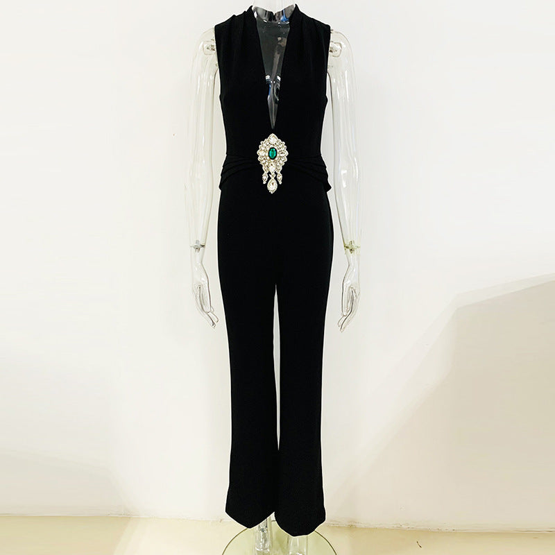 European And American Diamond Beaded V-neck Sleeveless Jumpsuit