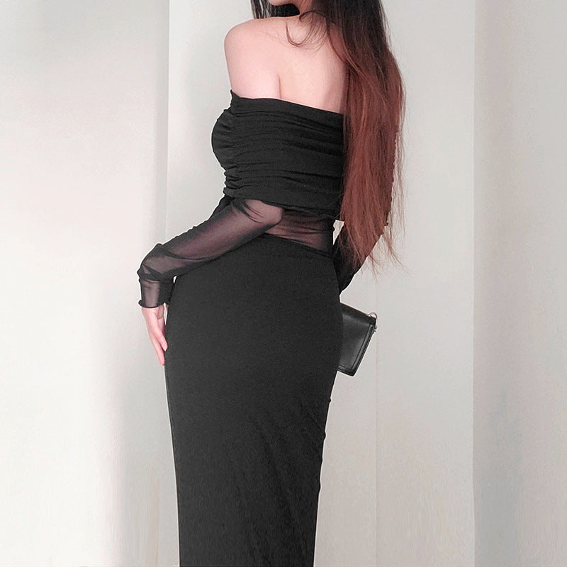 Sexy schulterfreies, plissiertes Winterkleid aus Polyester mit langen Ärmeln für Damen