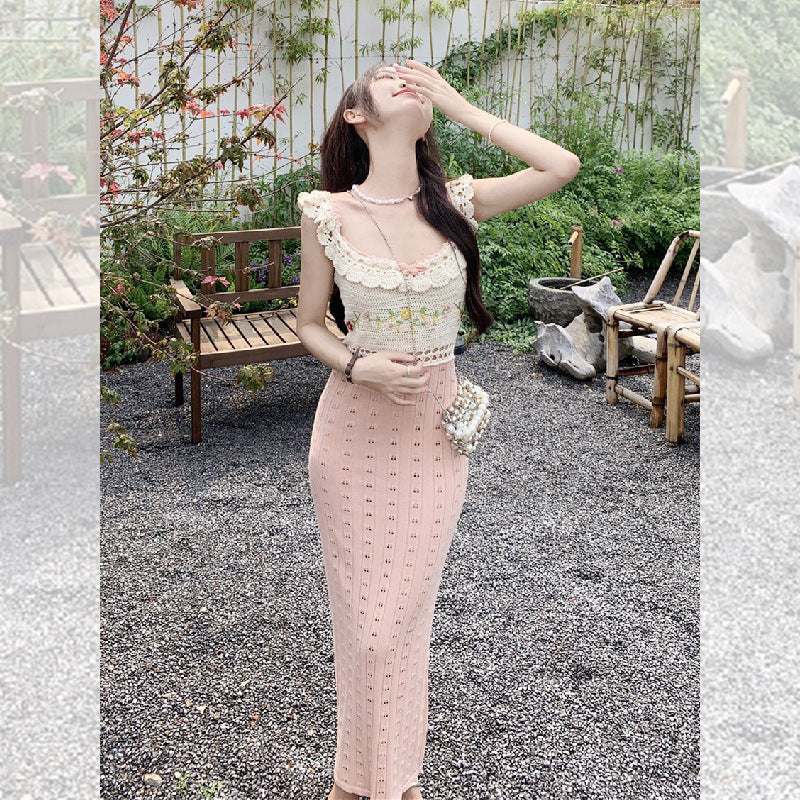 French Style Handmade Crochet Peach Lace Knitted Sleeveless Sling Dress Backless Sheath