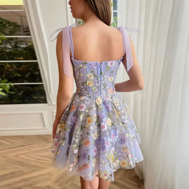 Three-dimensional Flower Embroidered Sheath Sexy Sling Dress