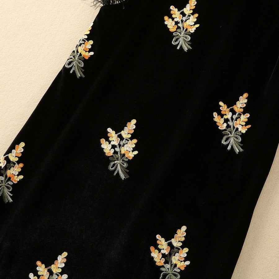 Feather Embroidered Stand Collar Oblique Placket Velvet Dress