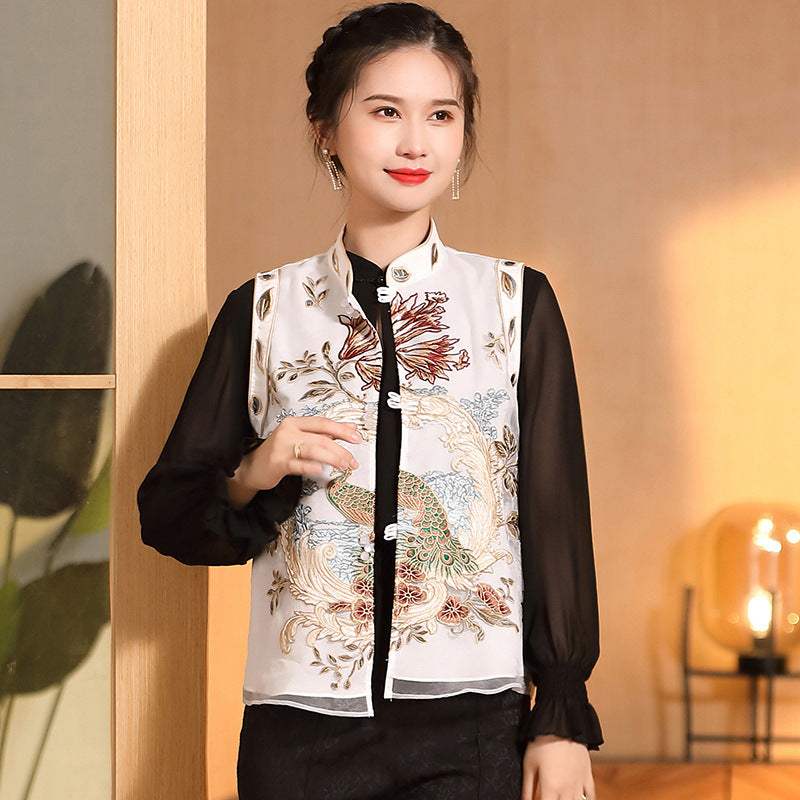 Ruyi Yarn Flower And Bird Embroidered Sleeveless Tang Suit