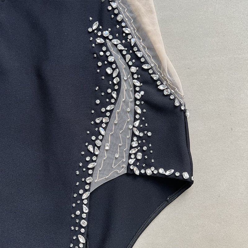 Women's Elegant Shoulder Bubble Long Sleeve Slimming Low-cut Diamond Dress