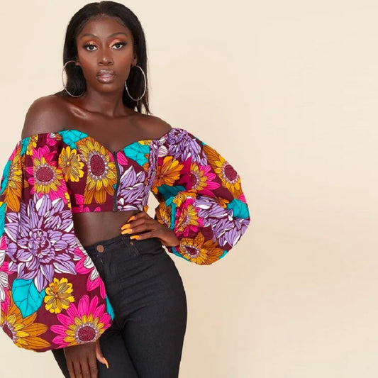 Top de tubo con cuello descubierto y manga larga para mujer, estampado Digital de estilo africano