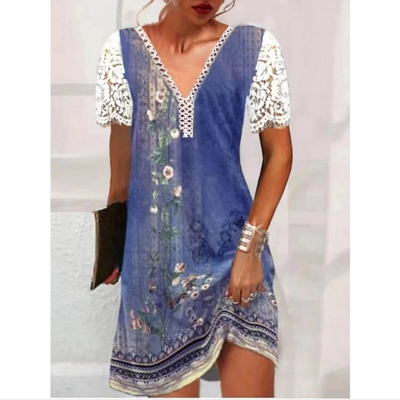 V-neck Stitching Lace Ruffled Short Sleeves Loose Print Dress