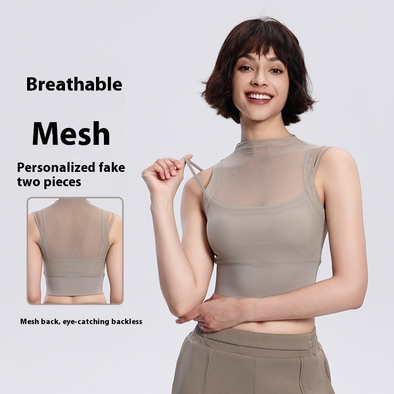 Women's Fake Two-piece Mesh Breathable Top With Chest Pad