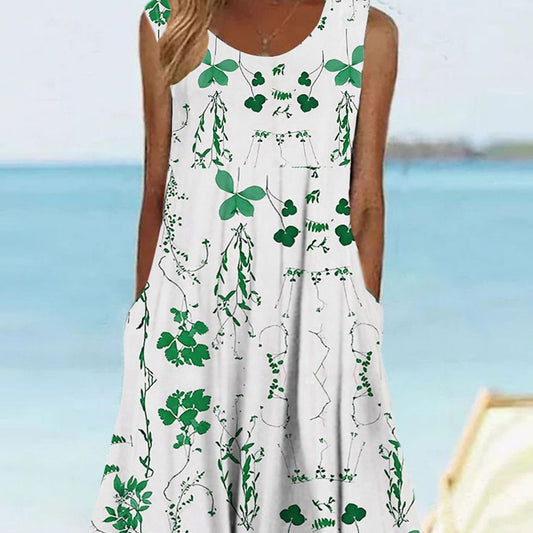 Vestido midi sin mangas con cuello en U y vacaciones junto al mar con estampado floral 3D